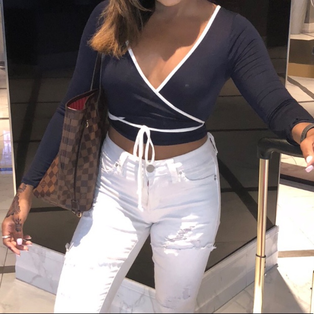 Fashion Nova Wrap Top Navy Blue
